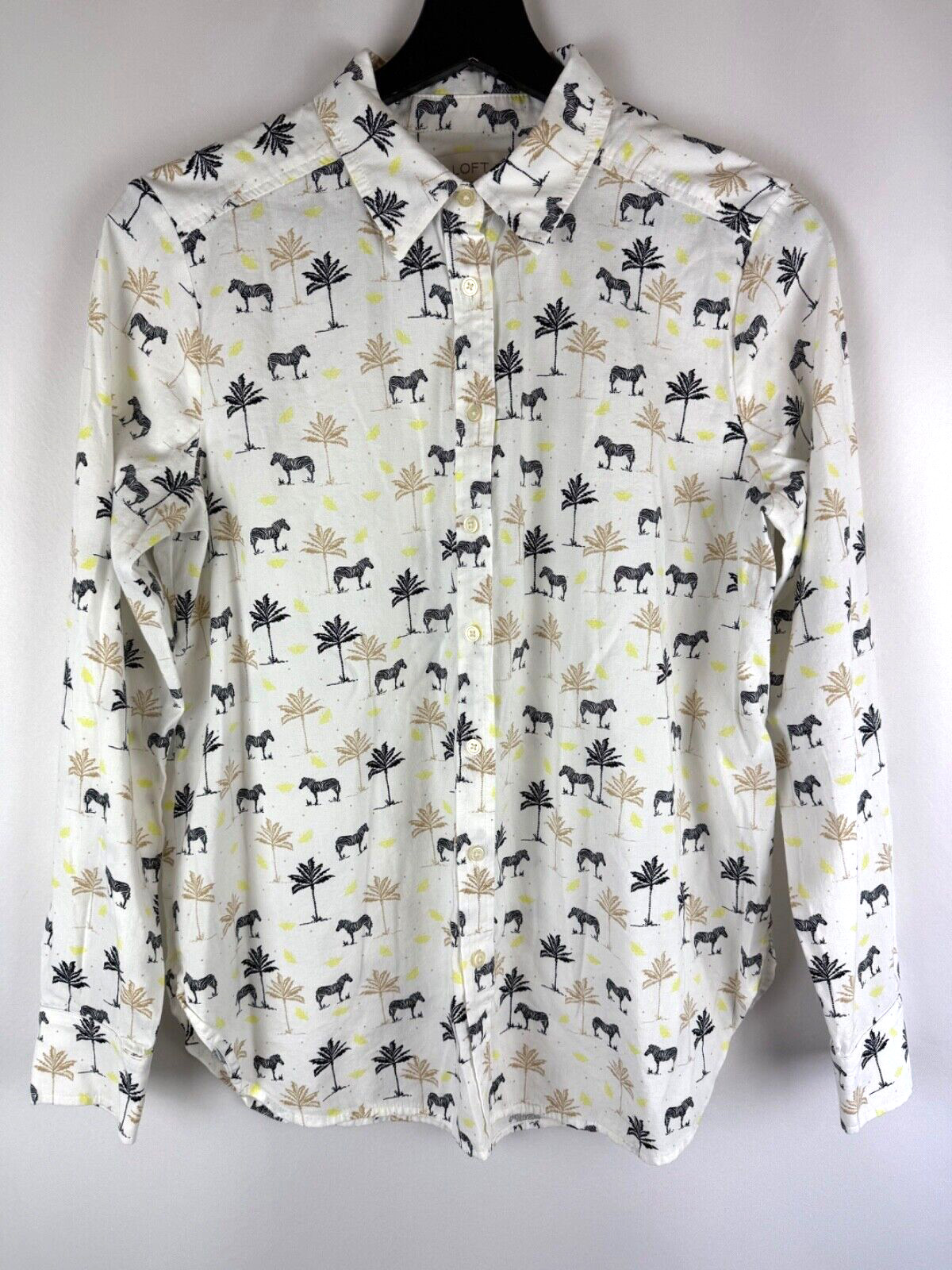 Ann Taylor Loft Ivory Black Zebra Print Button Front Long Sleeve Blouse Small S
