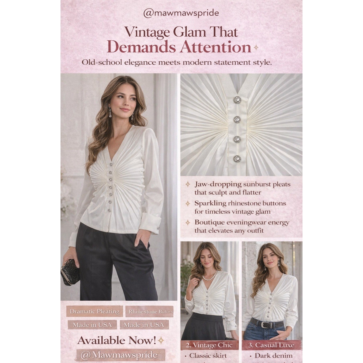 Vintage Sunburst Pleated Rhinestone Button Blouse Top S 8 White Formal Evening