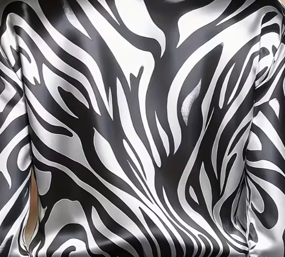 New Sexy Sultry Black & Silver Zebra Print Silky Satin Secretary Blouse Plus 4XL