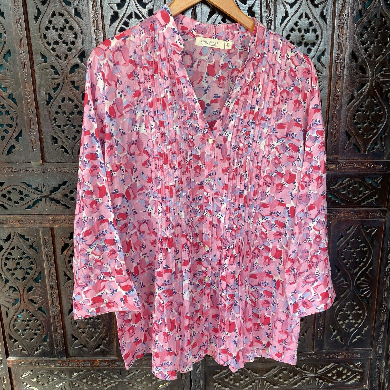 100 Cotton Gauzy Tunic Women M Pink Watercolor Floral Pintuck Boho Top Oversized