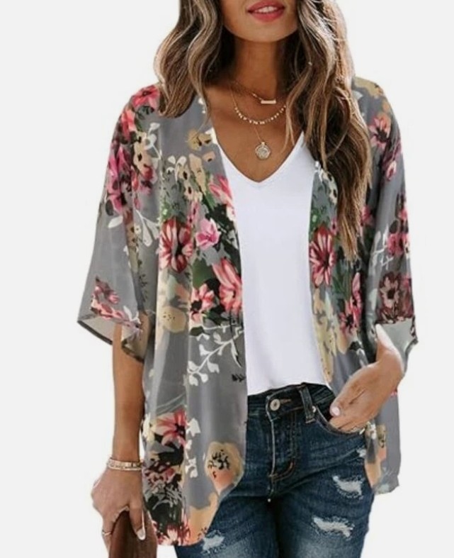 Women’s 3XL Floral Print Kimono Cardigan Loose Cover Large Dark Grey