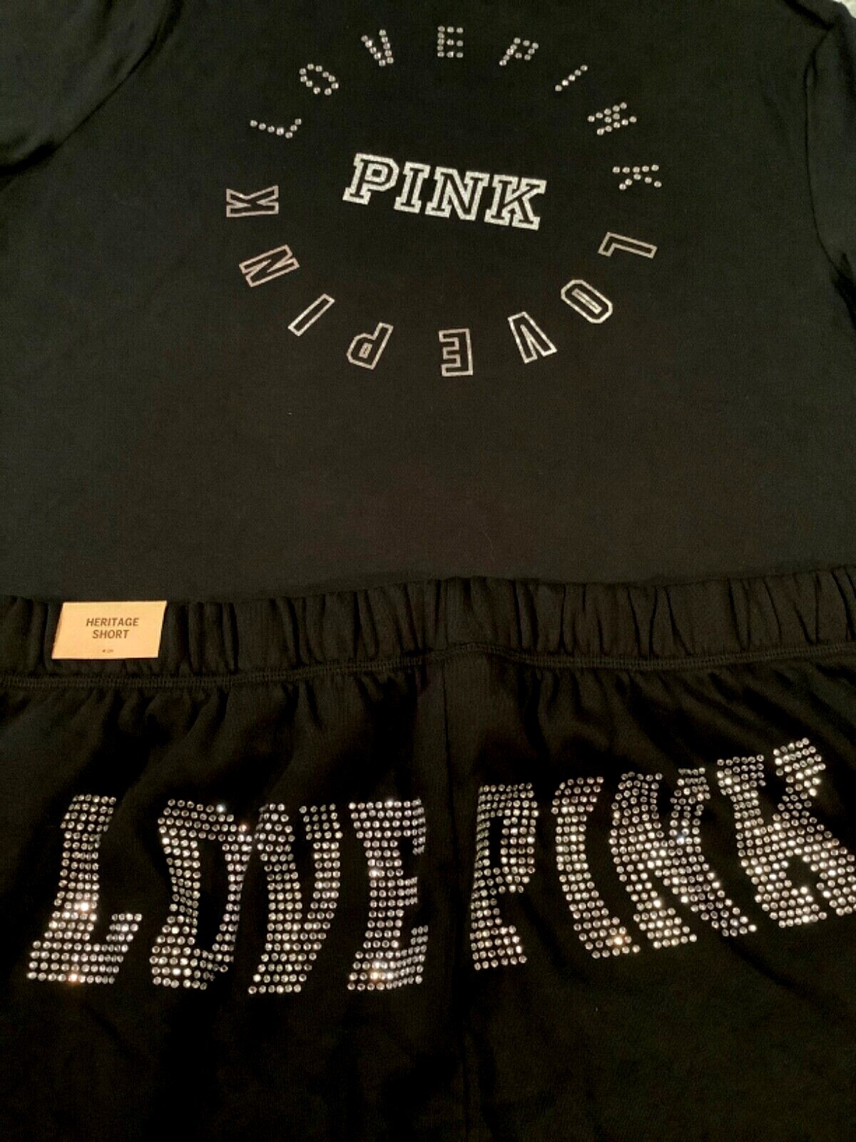 Victoria’s Secret Pink Bling Rhinestone Tee Shirt + Shorts Set Black Silver XL