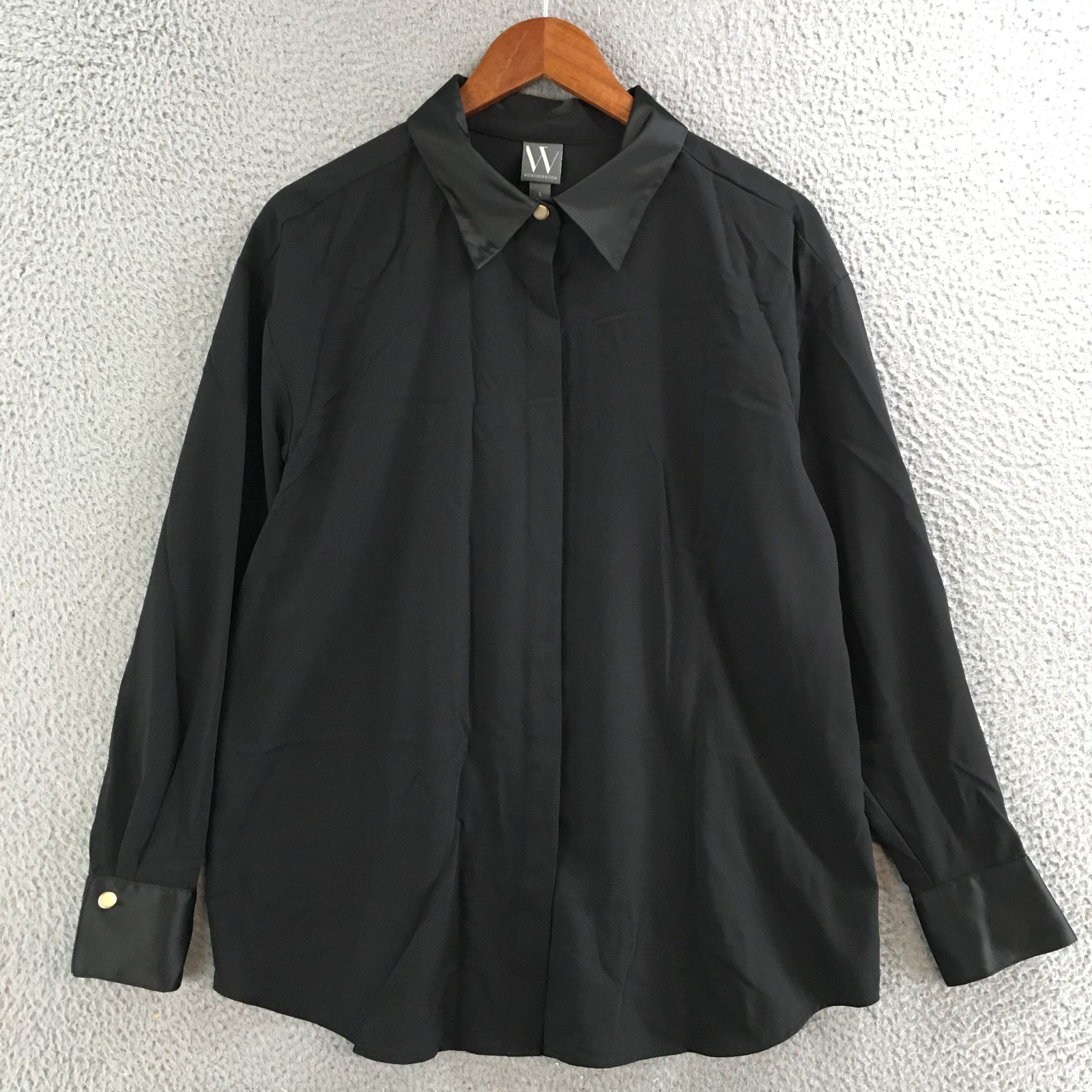 Worthington Blouse Top Womens Large Long Sleeve Pointed Collar Casual Black NEW