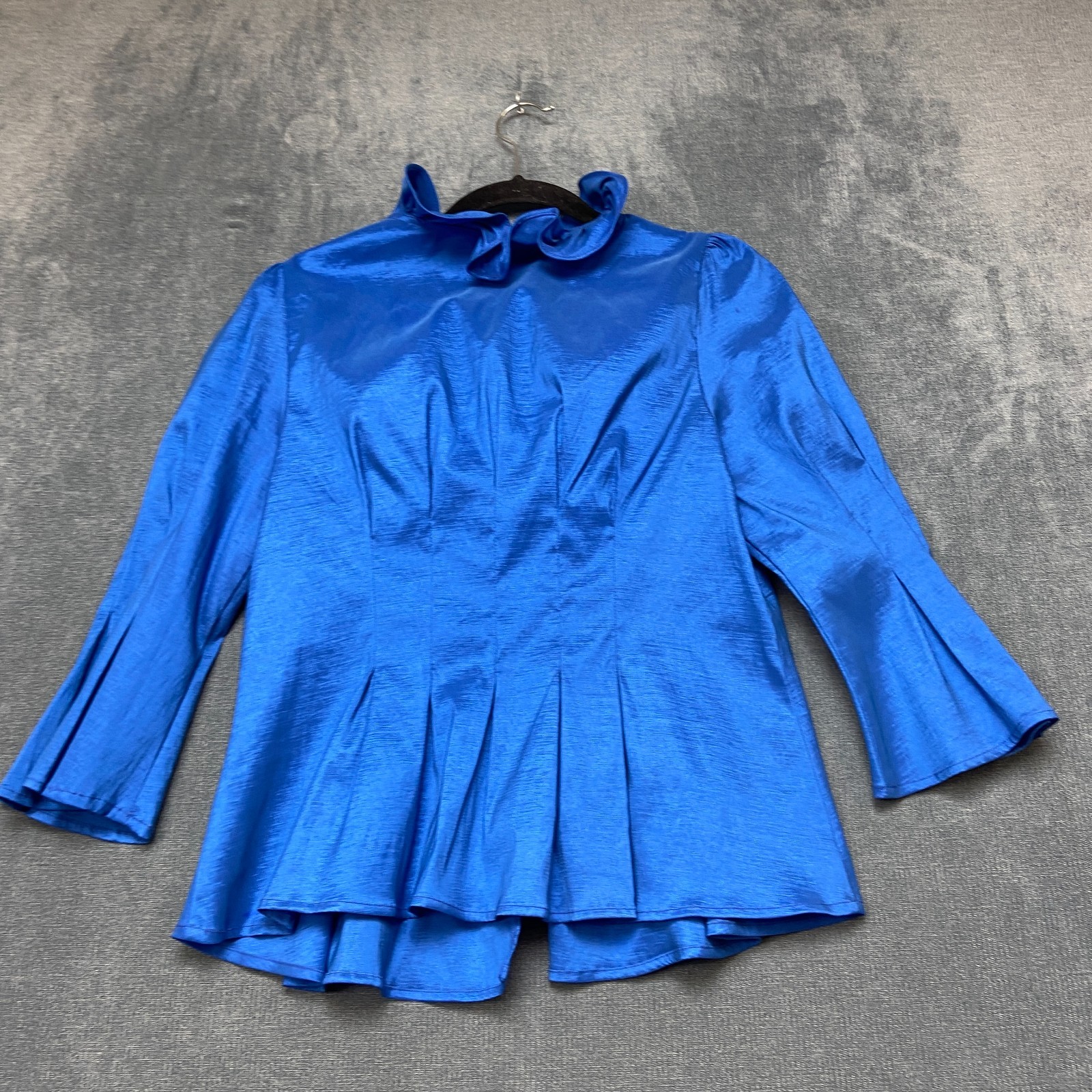 Chetta B Taffeta Blouse Top Womens 10 Blue Rhinestone Pleated Ruffled Collar
