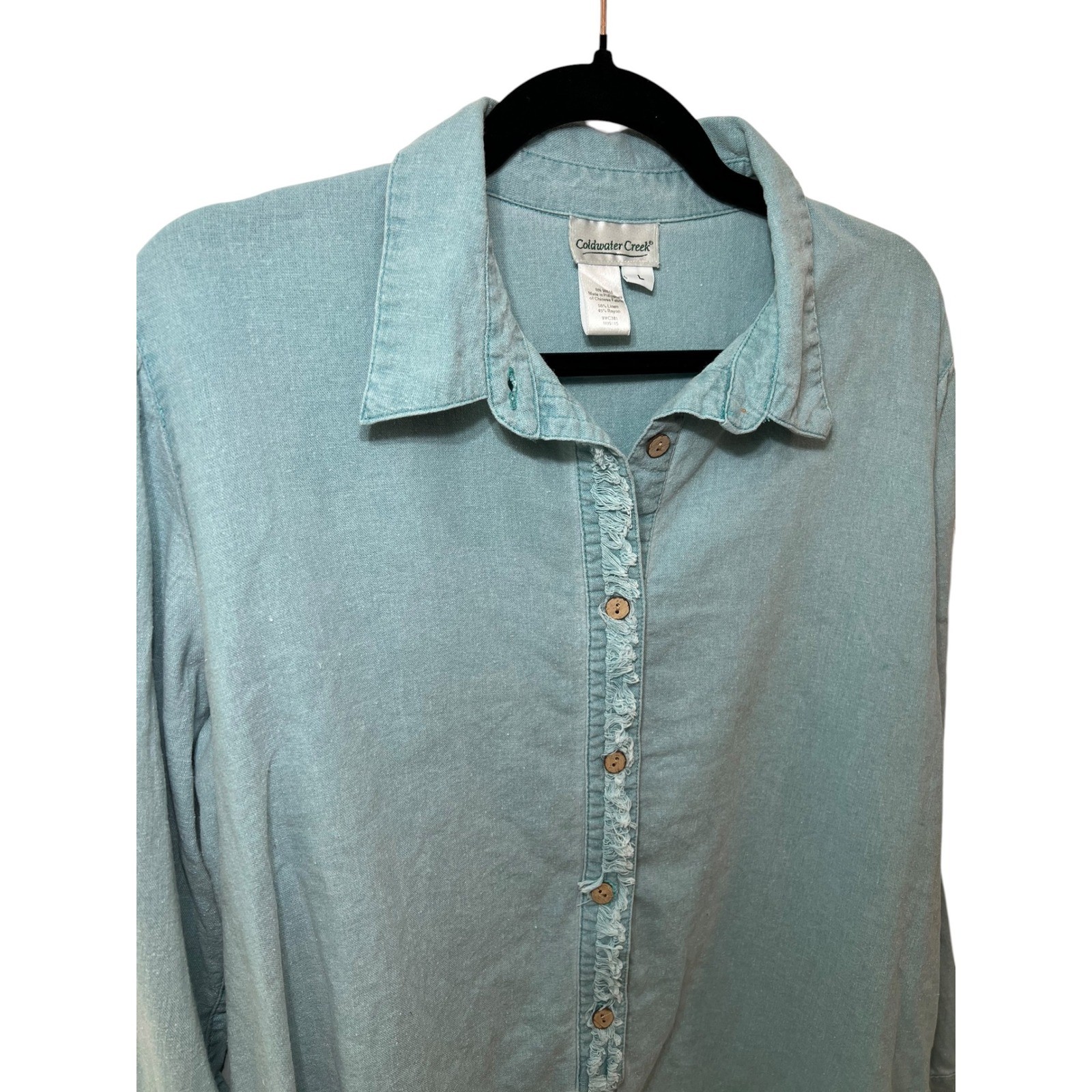Coldwater Creek Linen Blend Coastal Blue Green Fringed Button Down Top Large