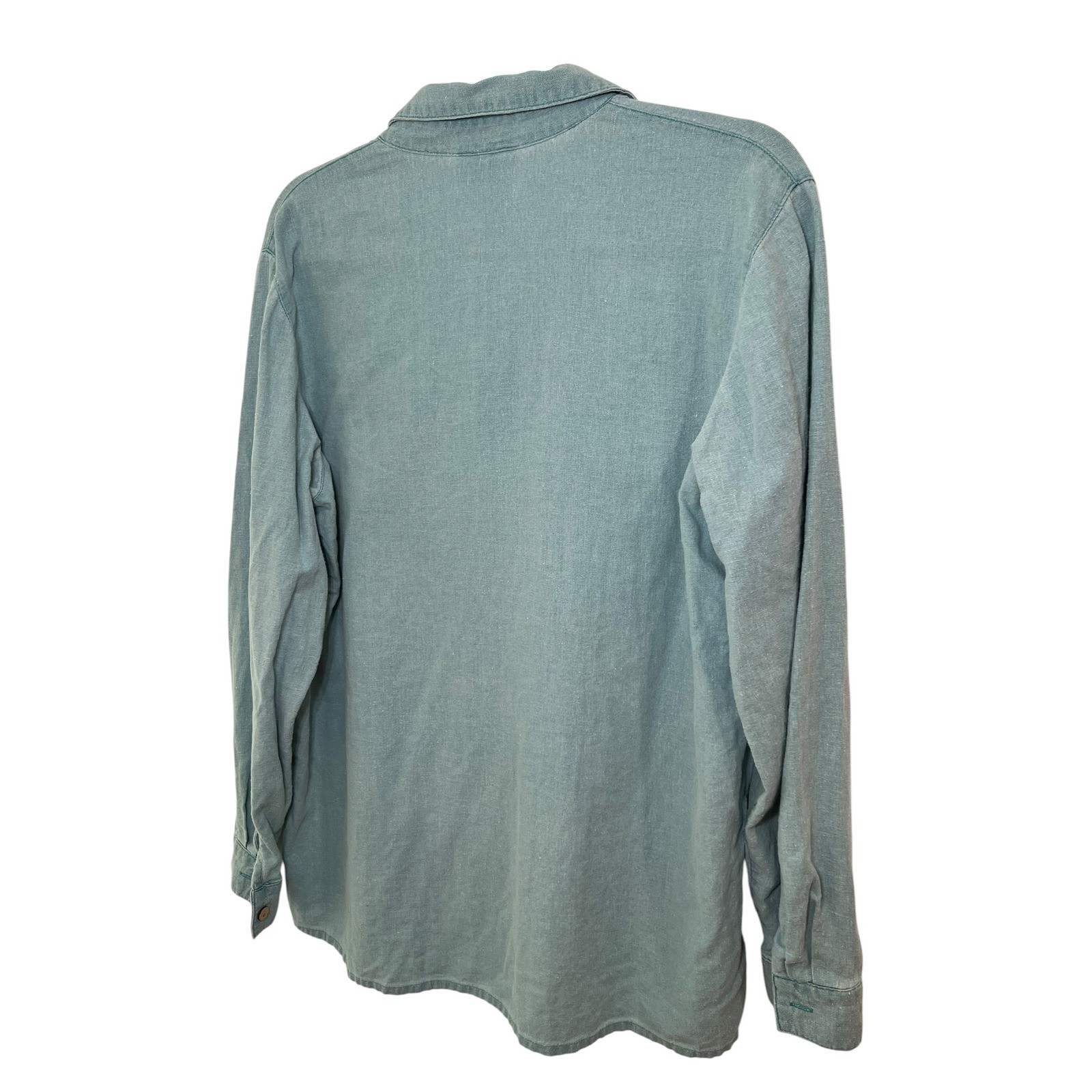 Coldwater Creek Linen Blend Coastal Blue Green Fringed Button Down Top Large