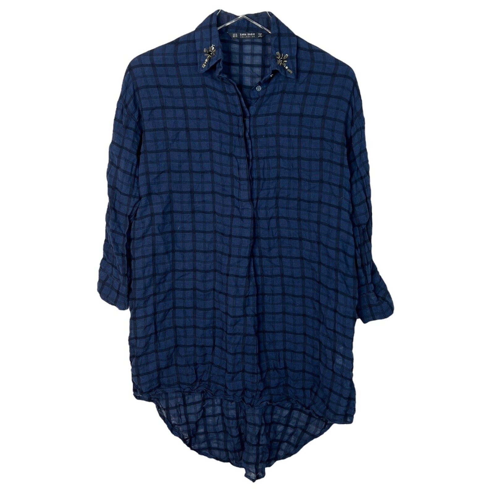 Zara Oversized Popover Plaid High Low Tunic Top Embellished Collar Blue Black XS