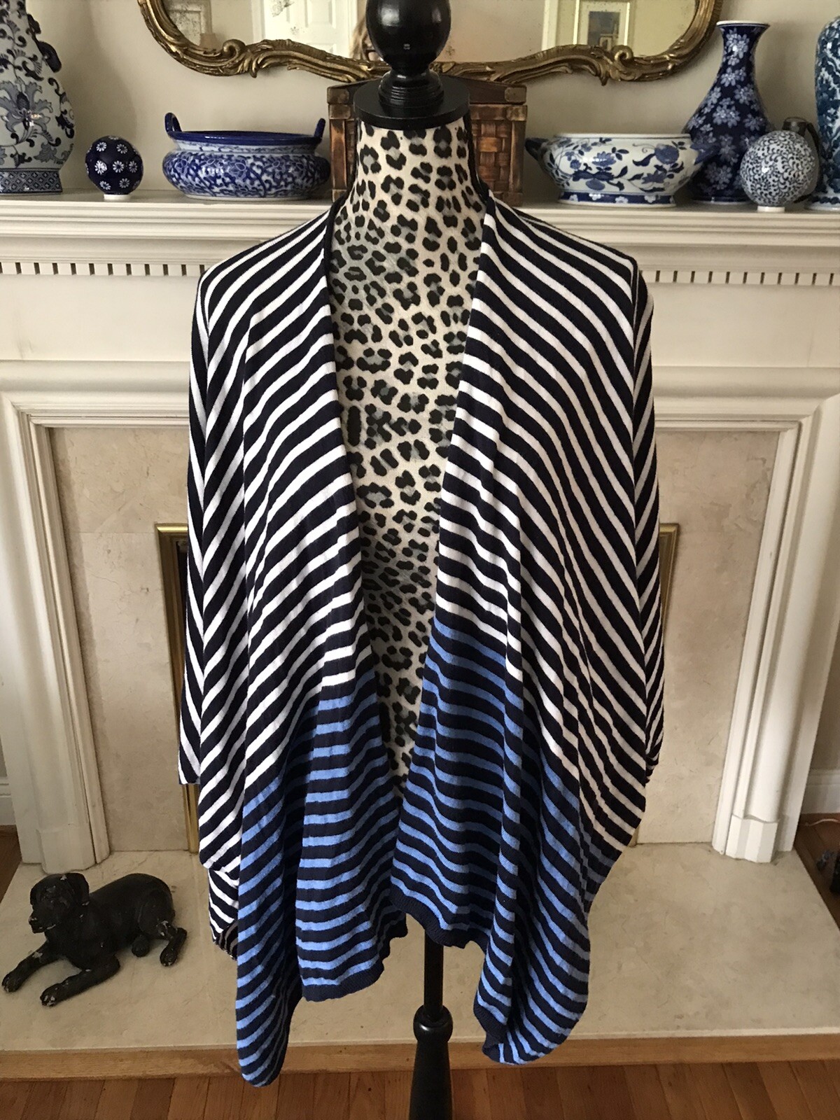 TALBOTS ONE SIZE Coastal Nautical Blue White Striped Knit Shawl/Wrap Preppy