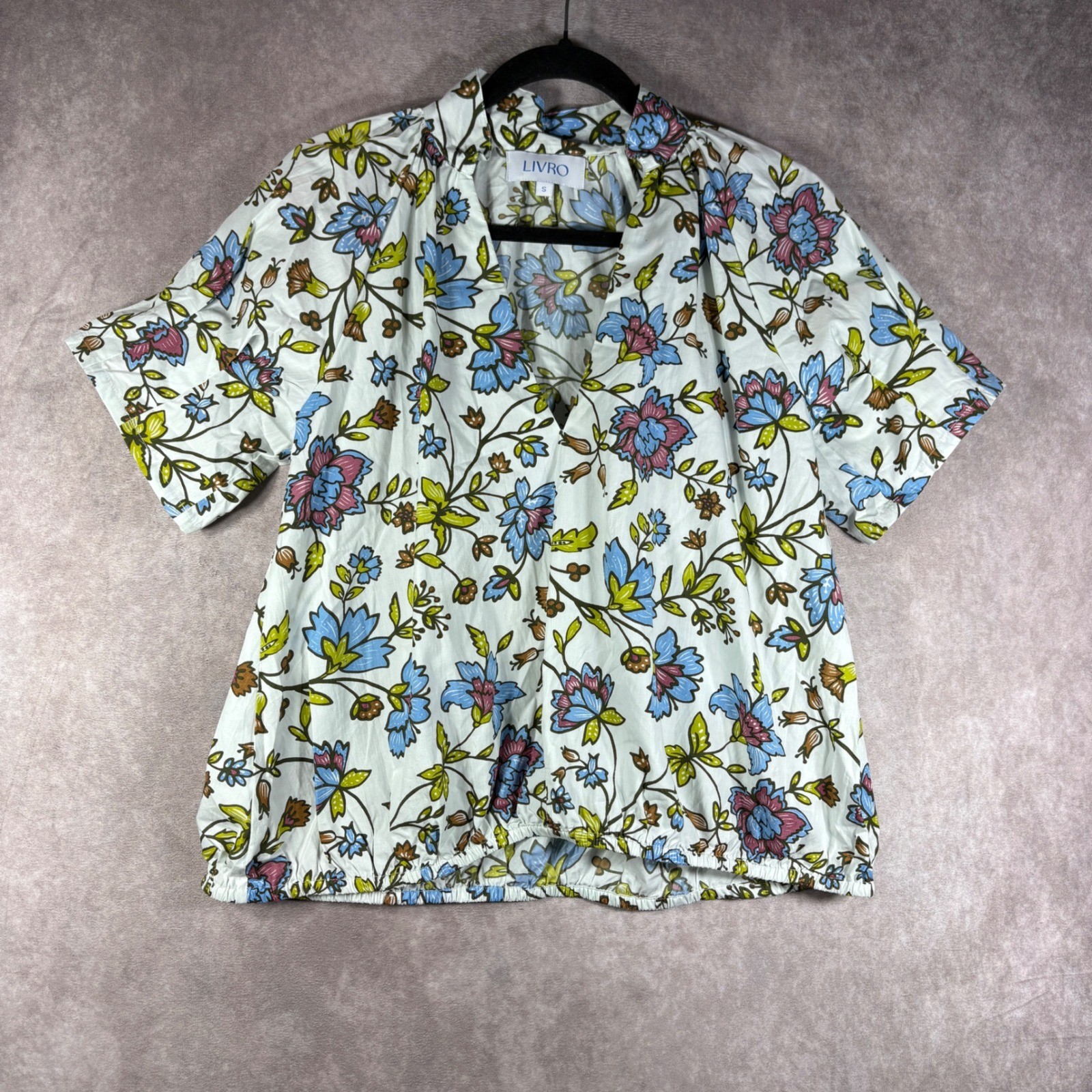 Livro Blouse Women S White Floral V-Neck Short Sleeve Elastic Hem Cotton Boho
