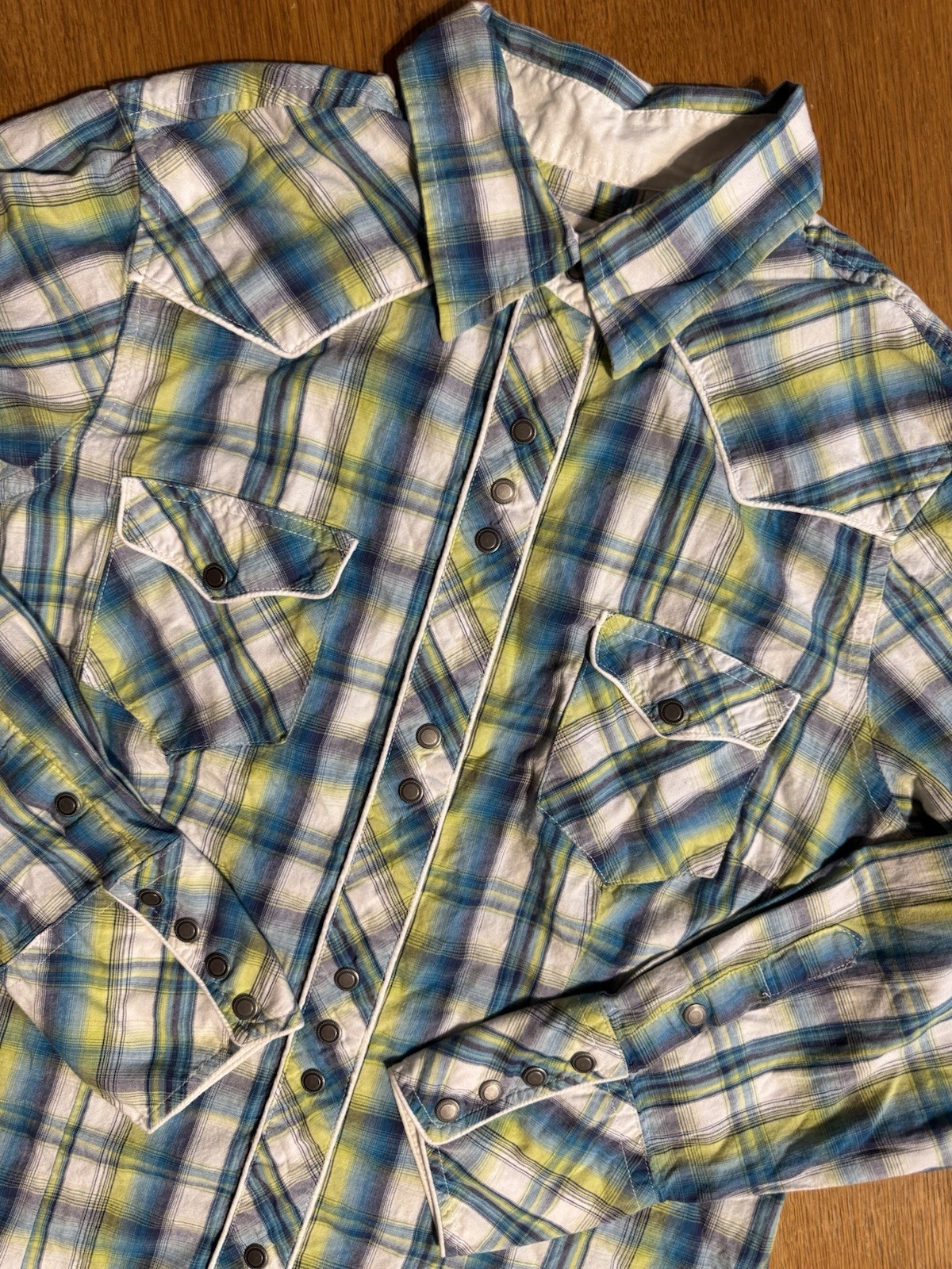 Roper Shirt Women’s M Plaid Western Pearl Snap Blue Green Yellow Cowboy Rodeo