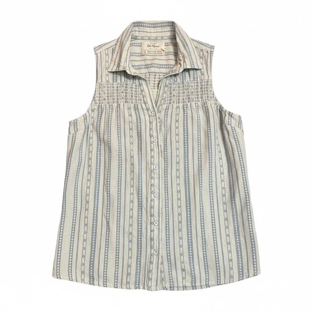Old Ranch Sleeveless Button Down Women Large Blue Western Organic Cotton Smocked