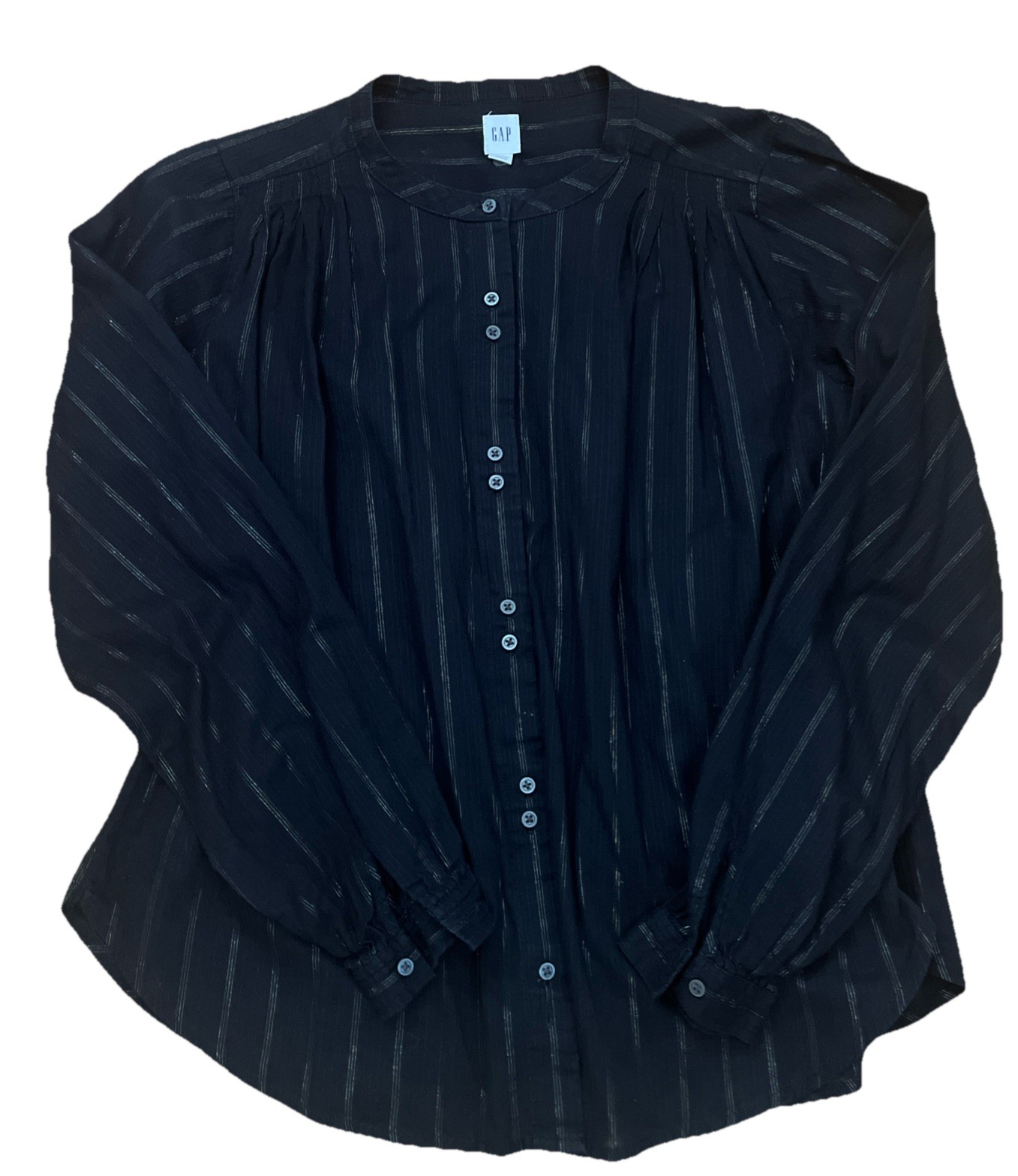 Gap Womens Blouse Button Collarless Peasant Top Metallic Stripes Cotton Black PS