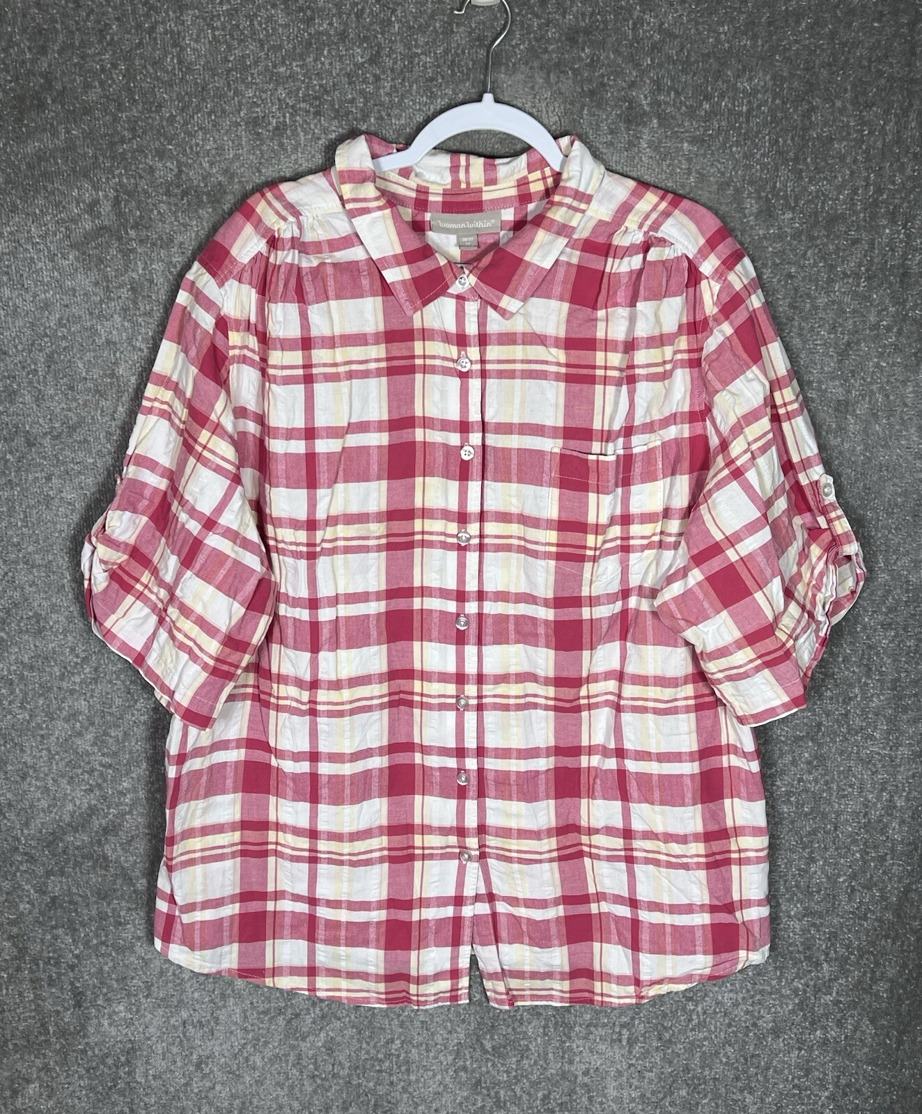 Woman Within Button Up Top Womens Size 3X Pink Yellow Chest Pocket 3/4 Sleeve