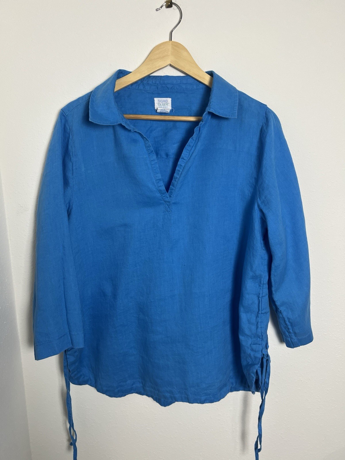 Sigrid Olsen Women’s Blue Solid 100% Linen Collared 3/4 Sleeve Tie Blouse M