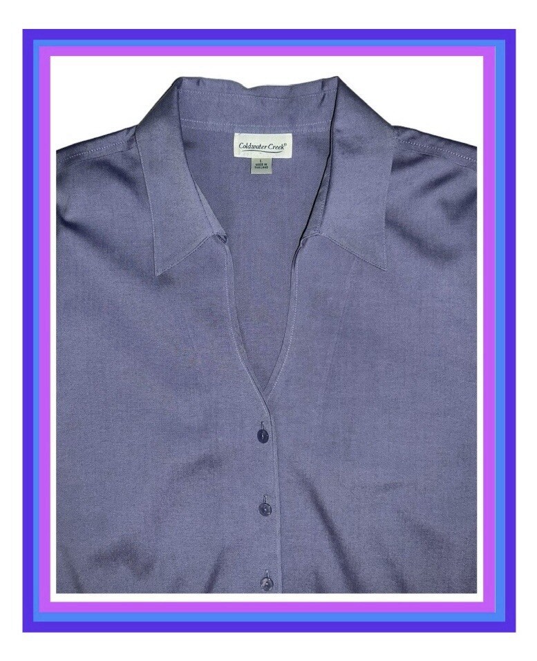 Coldwater Creek L Purple Spread Collar 3/4 Sleeve Pinpoint Oxford Shirt