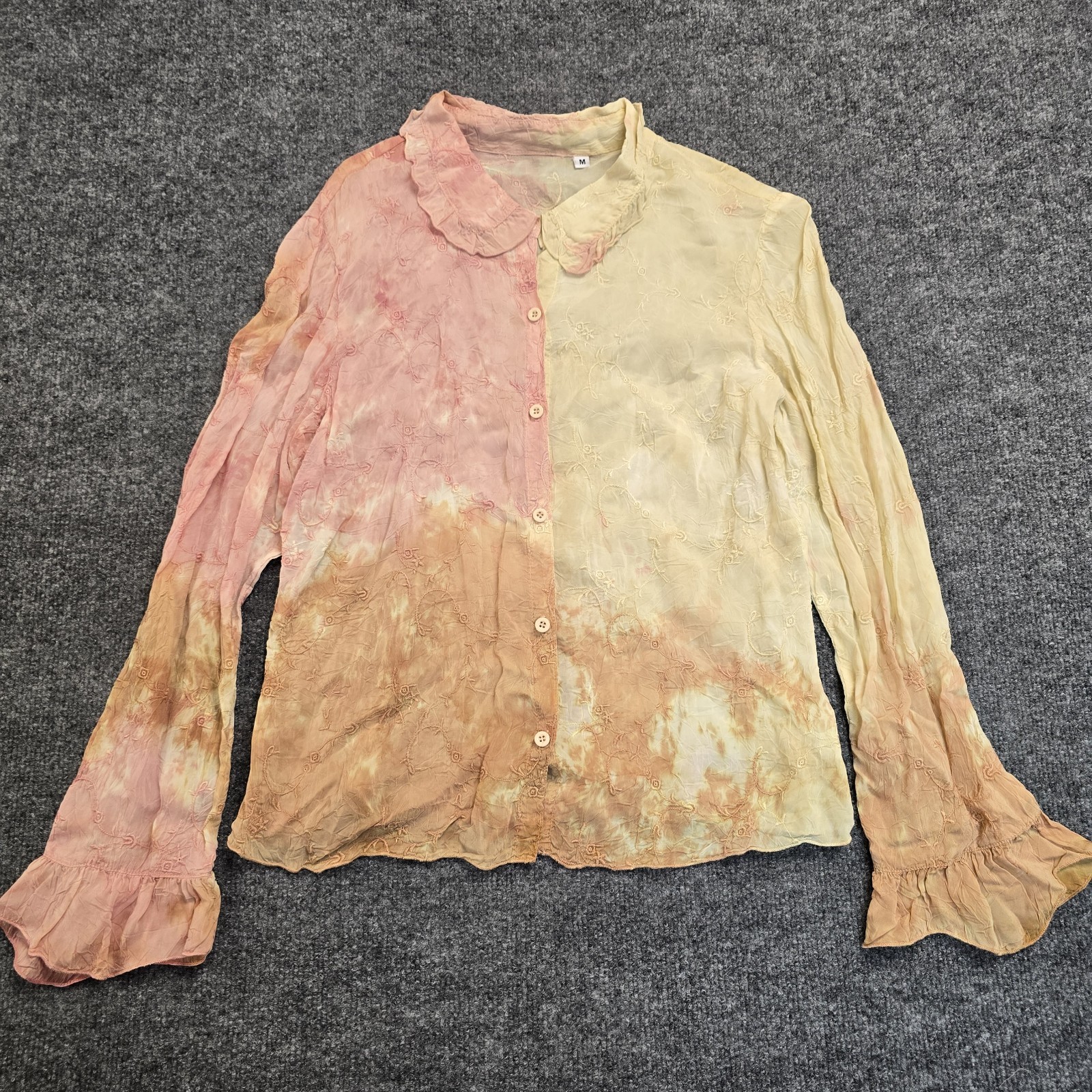 Vintage 90s Tie Dye Yellow Pink Floral Embroidered Button Down Size M Boho Fairy