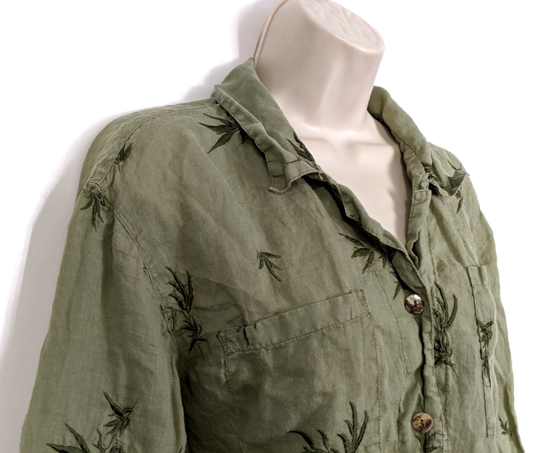 Kleen Women’s Long Sleeve Button Front Shirt Sz L 100% Linen Plants Green EUC