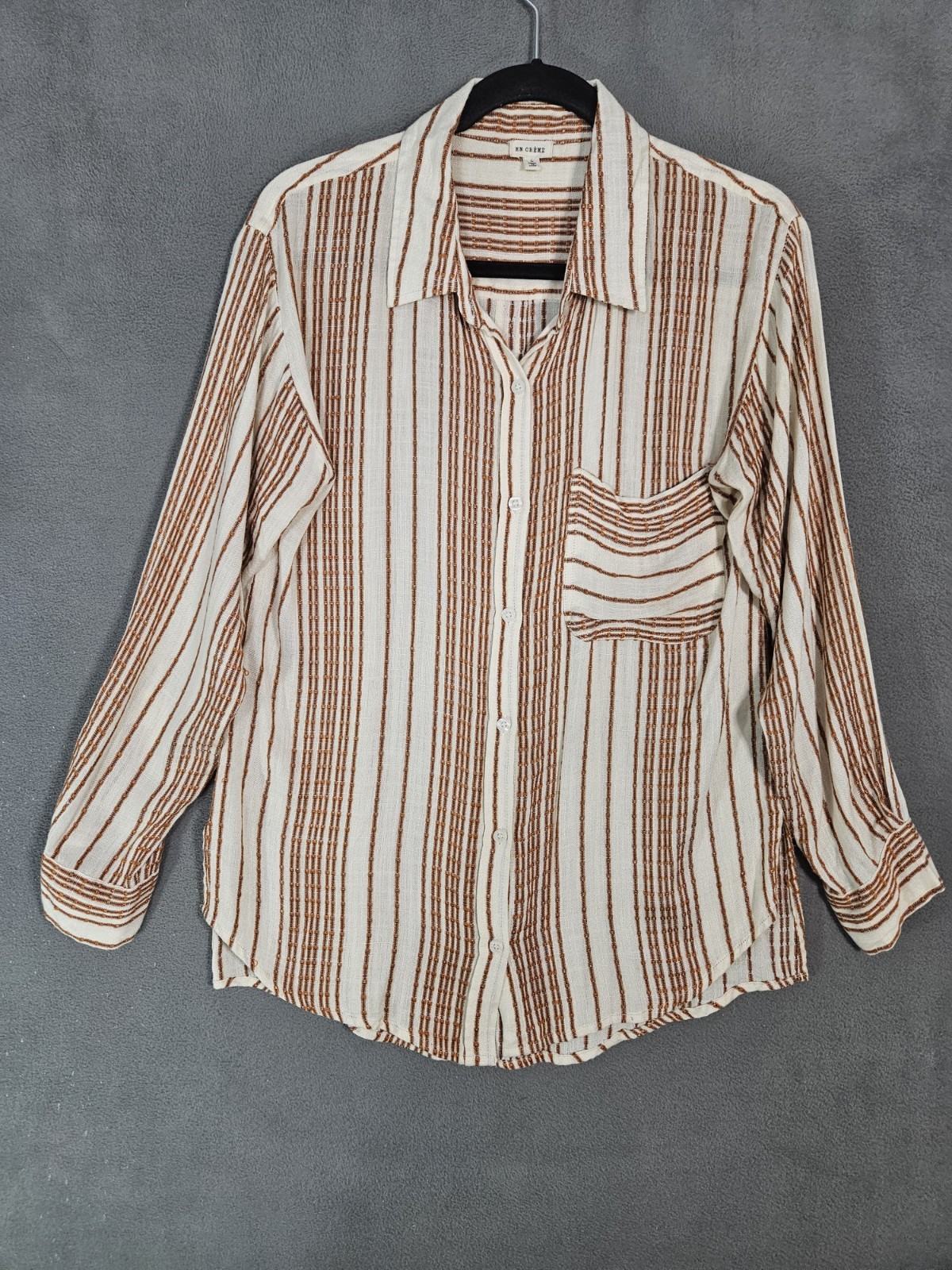 En Creme Boho Womens Small Oversized Button Up Shirt Textured Brown Cream Stripe
