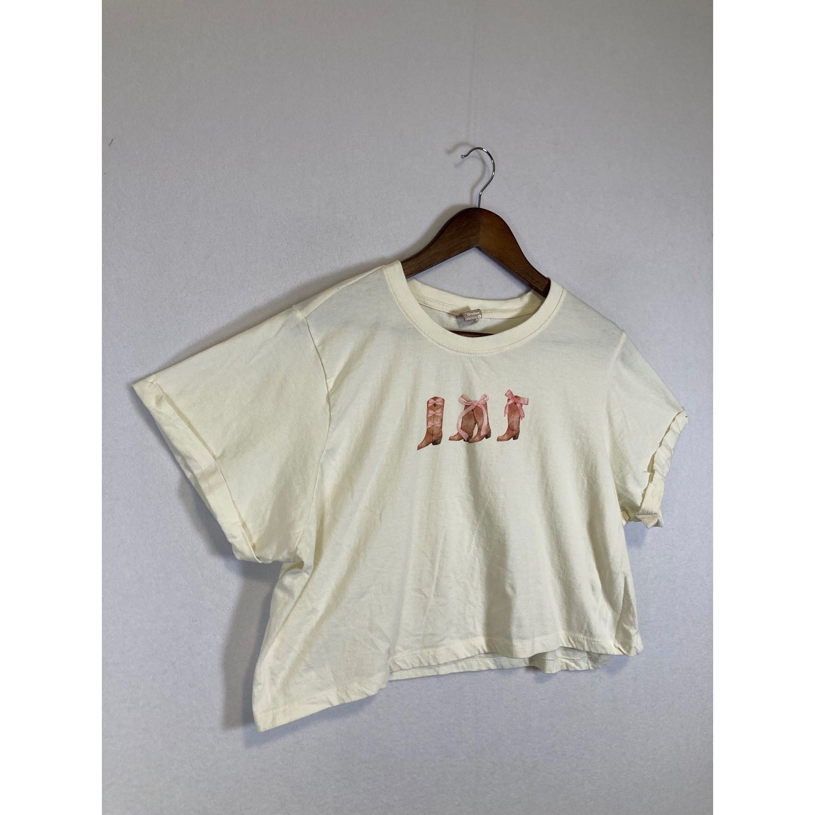 Messy Bun Just Chillin Boot Bow Graphic Tee Women Large Cream Western Coquette