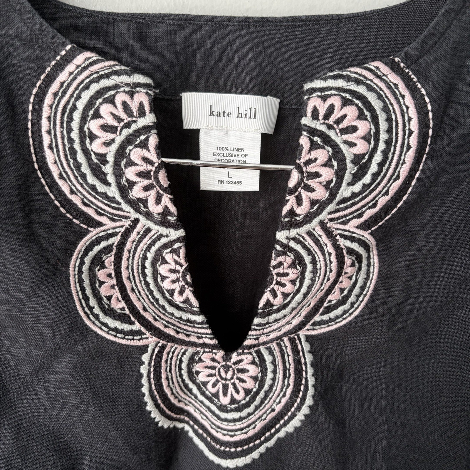 KATE HILL Linen Two Piece Set Wide Leg Pants & Tunic Embroidered Top Black Sz L