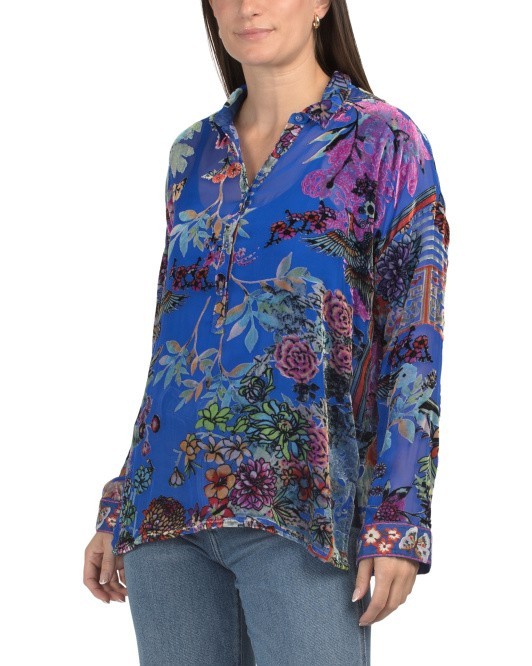 Johnny Was Seline Burnout Velvet Blouse Blue Floral Silk Blend Womens XS NWT