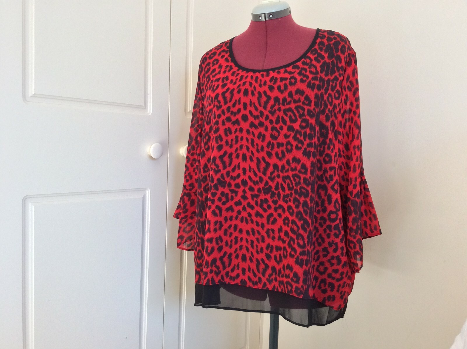 WISHSTONE COLLING WOOD WOMEN’S 3/4 RUFFLE SLEEVE CHIFFON ANIMAL PRINT XXL