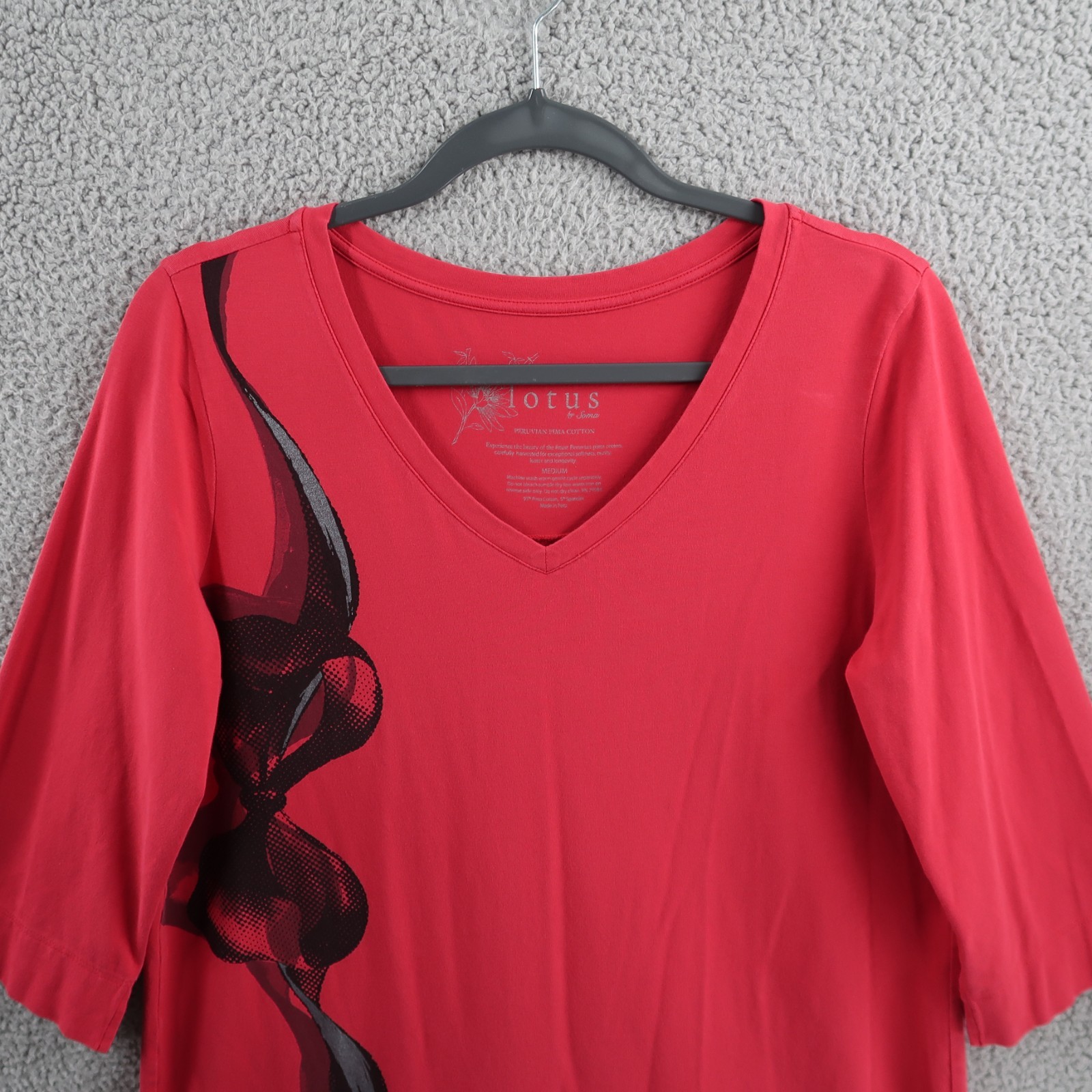 Lotus Shirt Womens Medium Red Bow Graphic Pima Cotton 3/4 Sleeve By Soma