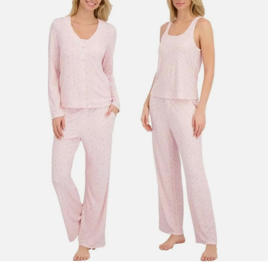 Live2Lounge Women’s 3 Piece Picot Ribbed Pajama Lounge Set, Pink, Medium NWOT