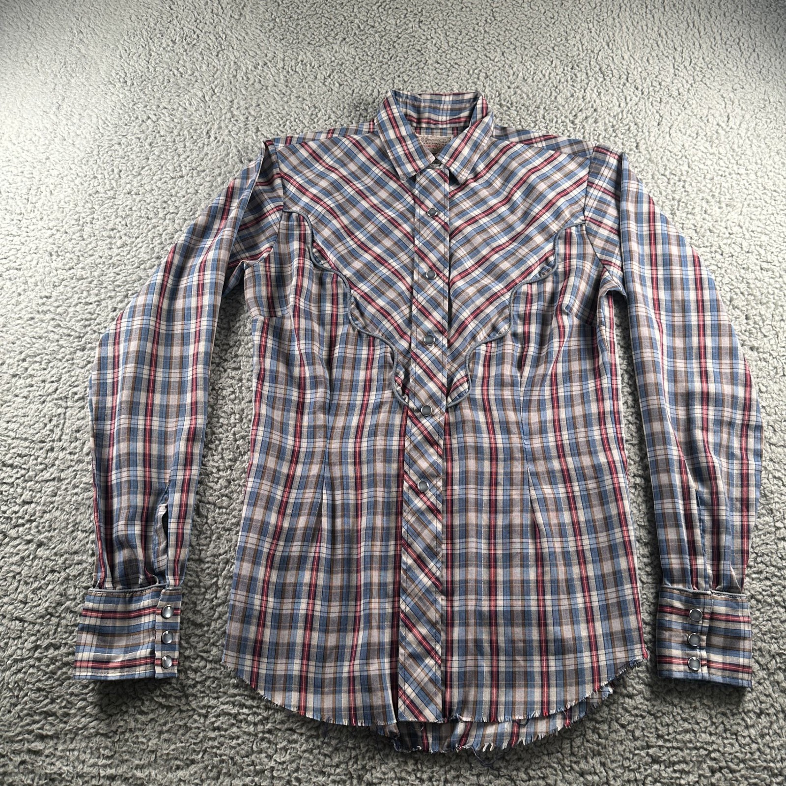 Vtg H Bar C Ranchwear Womens 32 Cowgirl Western Snap Shirt Plaid Long Tail USA