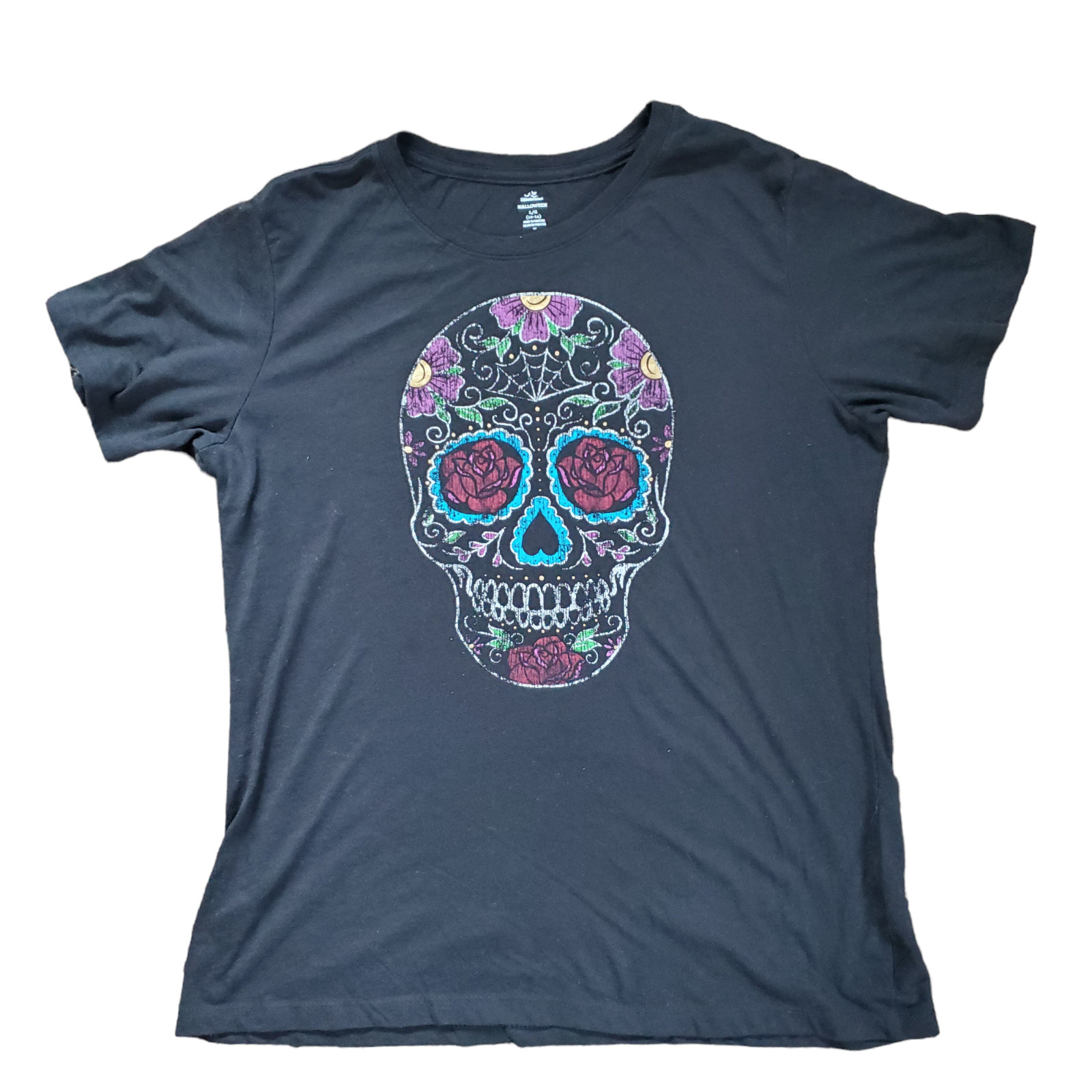 Sugar Skull GraphicT-shirt Blue, Green, Purple and Gold Women’s Large
