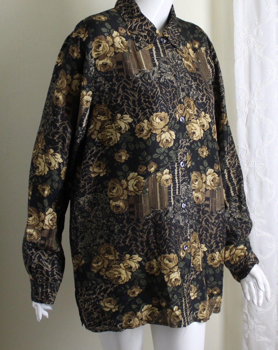 STUNT Sz L 10 12 Vintage Romantic ROSE FLORAL Art Silk Blouse Tunic Shirt Top