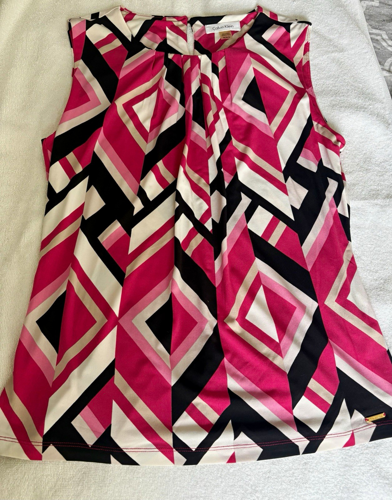 Calvin Klein Womens Tunic Blouse M Pink Black White Geometric Sleeveless Poly