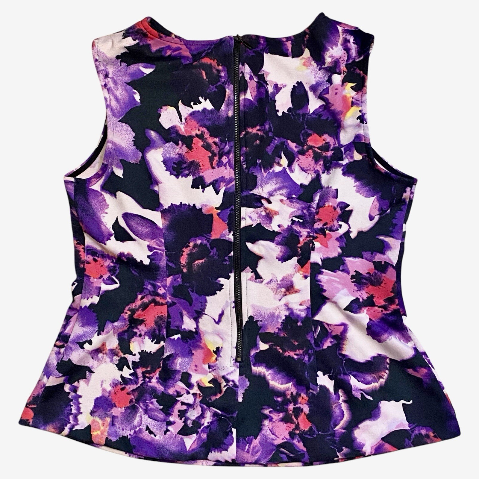 Hal Rubenstein Orchid Print Sleeveless Peplum Blouse Back Zipper Women’s Size M