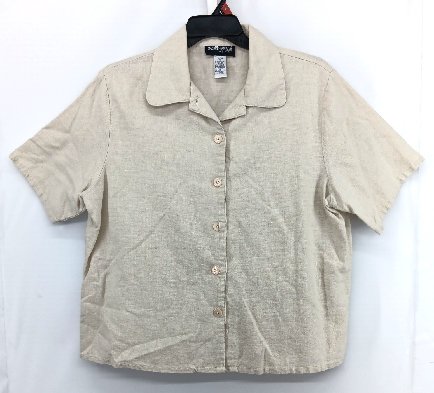 Sag Harbor Shirt Women Plus Size 1X Beige Short Sleeve Button Up Linen Blend Top