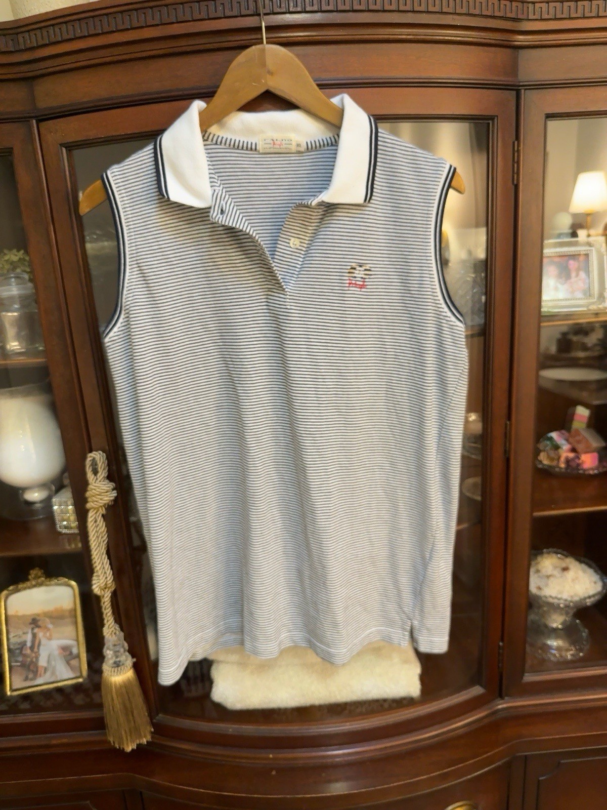 Pringle Women’s Blue/White Striped Knit Polo Collared Button Sleeveless XL