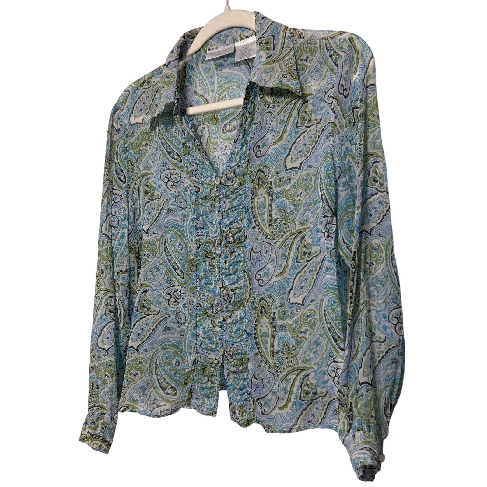 Vtg Silk Blouse Petite Blue Green Paisley Ruffle Button Front Size 14 Y2K