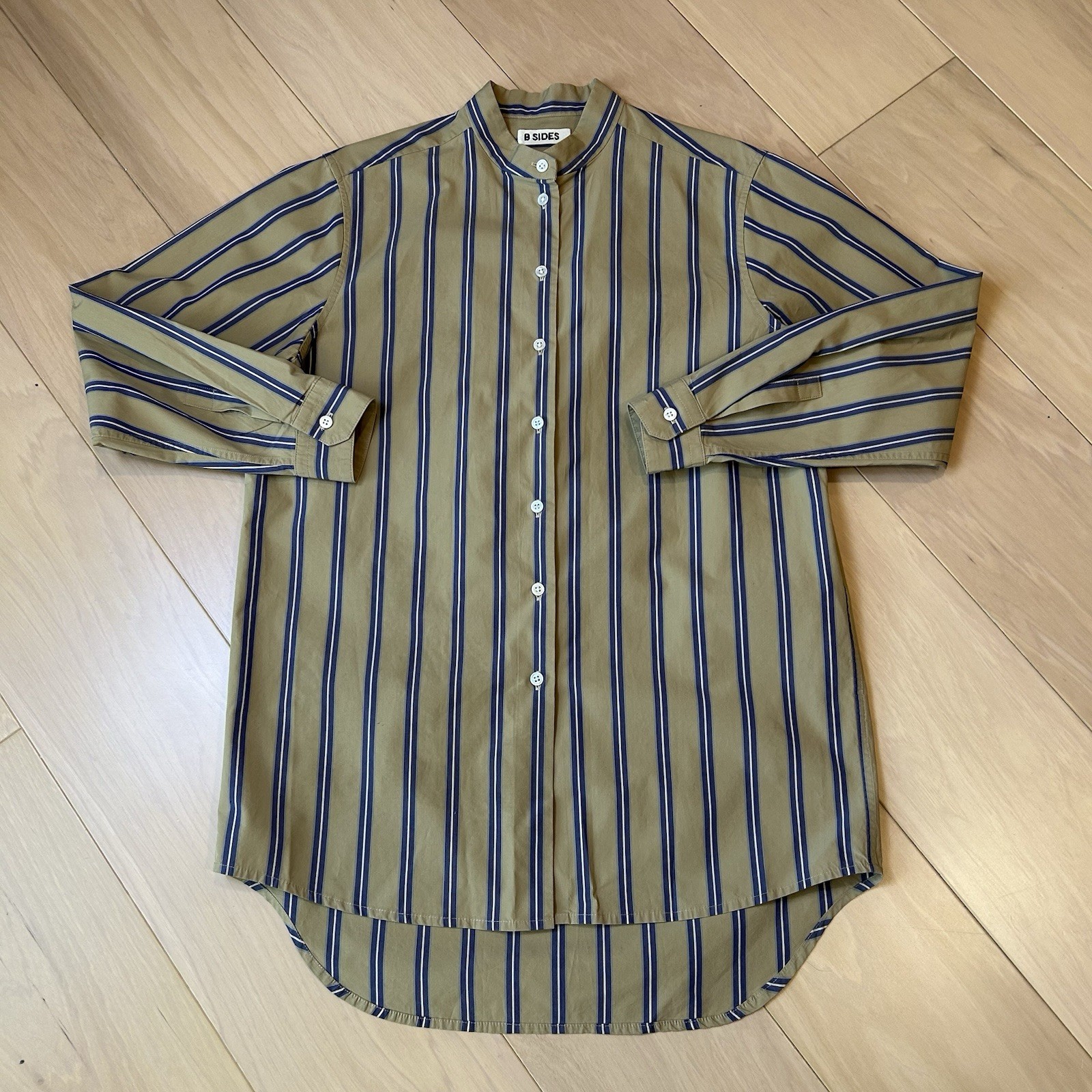 B Sides Striped Neutrals Tunic Mock Neck Button Up Top Women’s XS