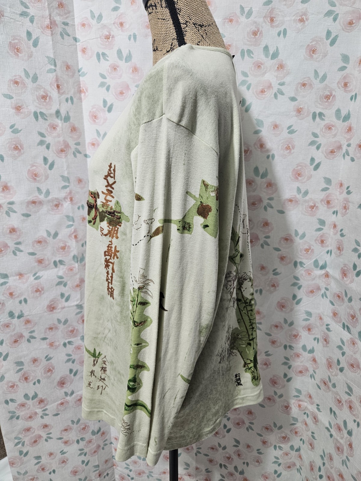SPENSE, WOMEN’S NEW OLIVE GREEN COTTON LONG SLEEVED BEADED BIRD TOP, SIZE 3X