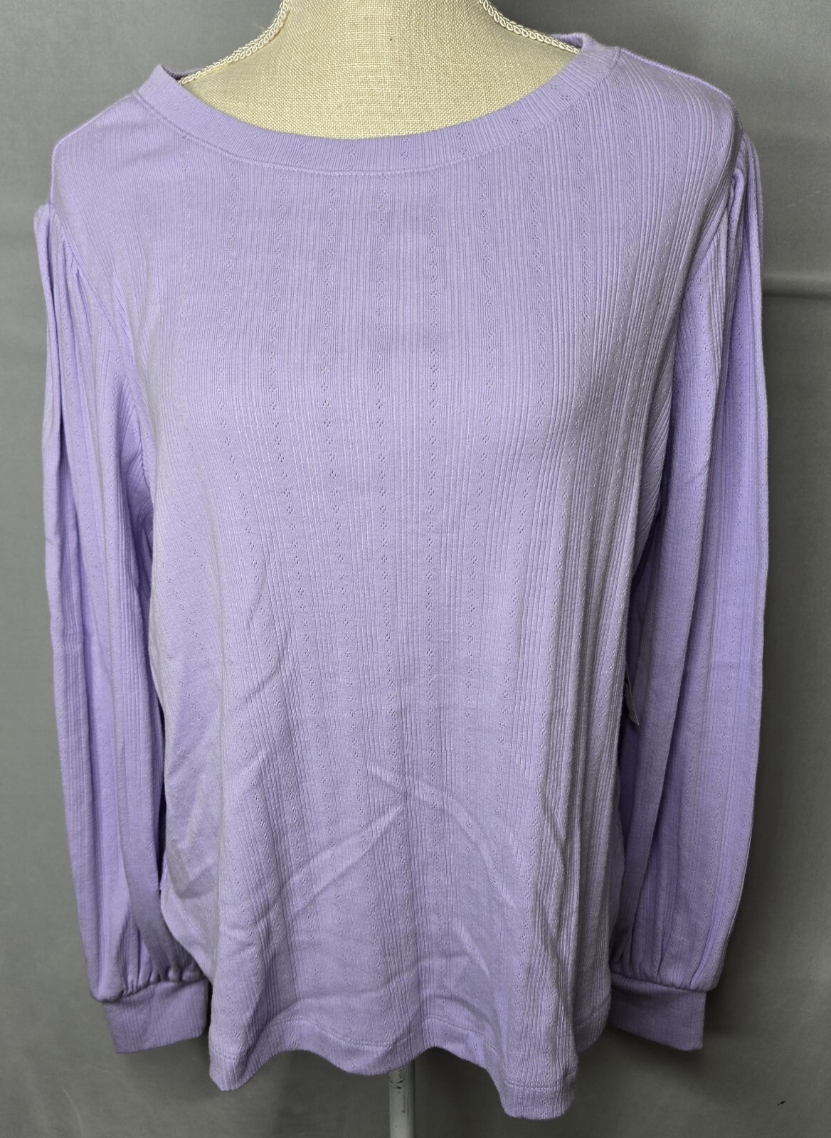On 34th Plus Size Pointelle-Rib Long-Sleeve Top NWT Color Larkspur Size 1X NWT