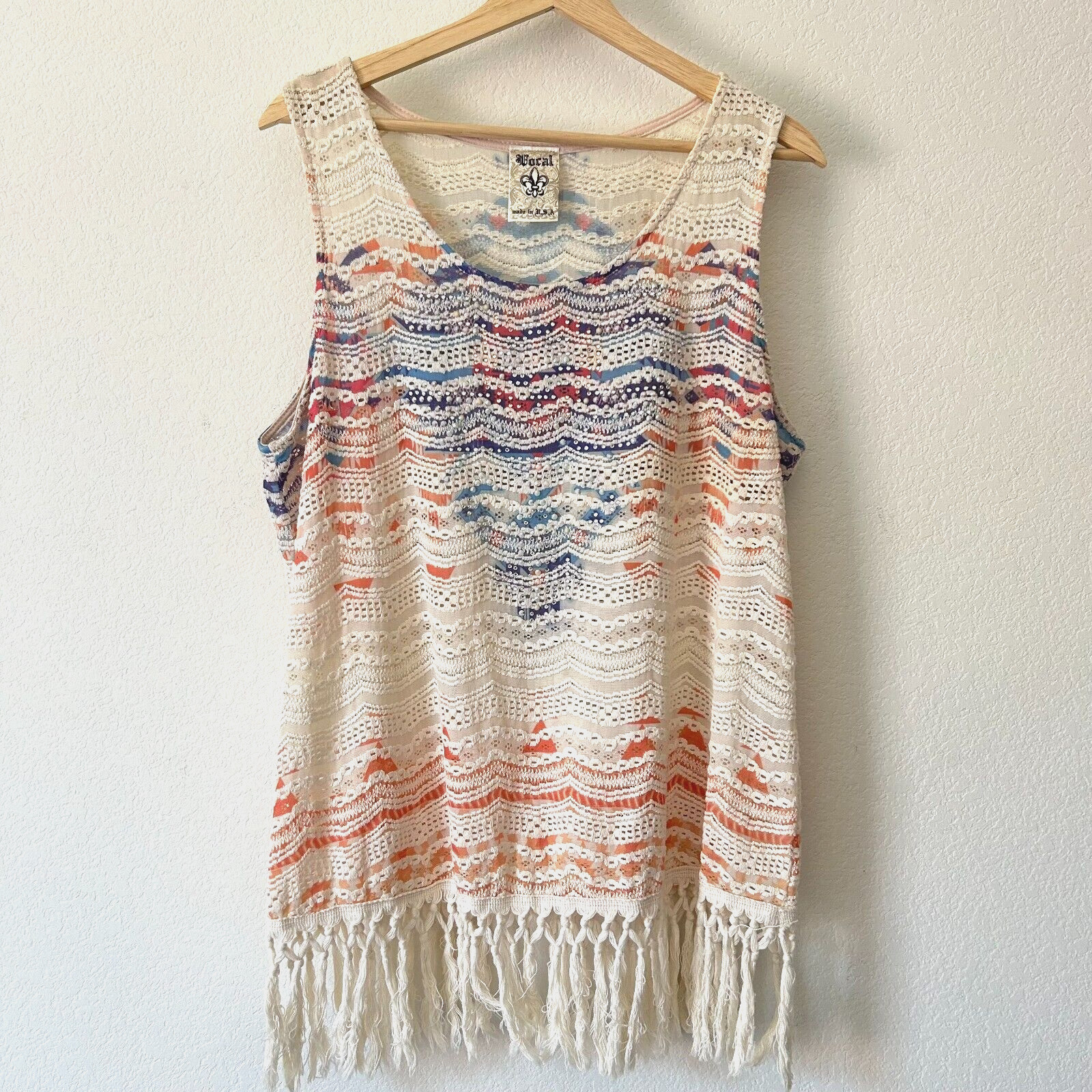 Vocal Womens XL Colorful Sleeveless Studded Sleeveless Top Fringe Hem Boho