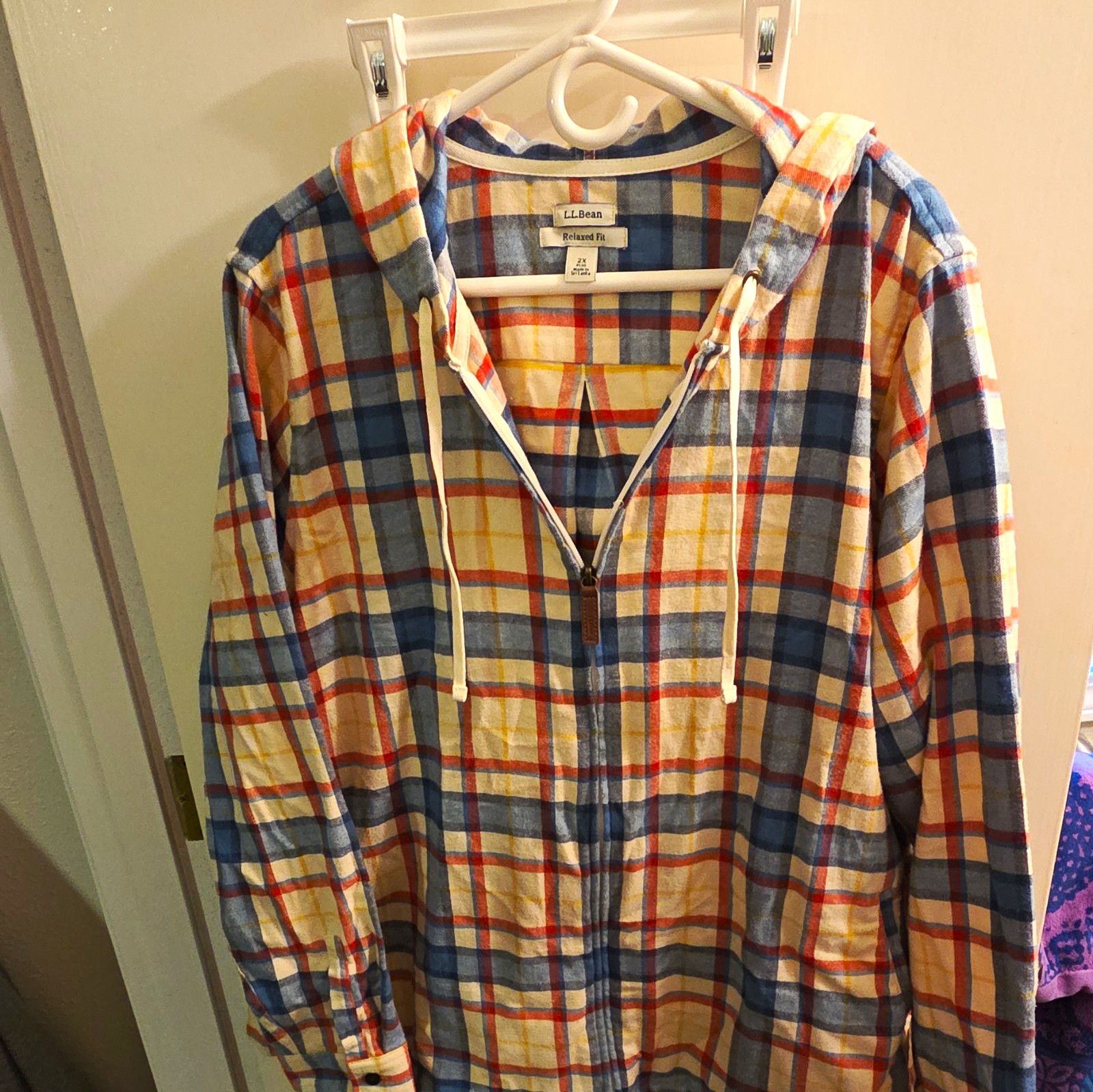 LL Bean Flannel Hoodie Women’s Plus 2X Relaxed Fit Plaid Fulf-Zip Pockets EUC