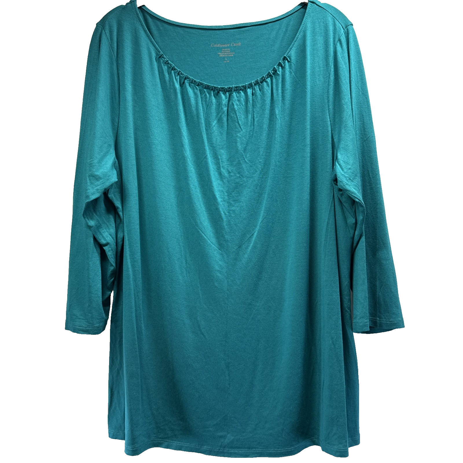 Coldwater Creek Womens Top Sz Large Teal Blue 3/4 Sleeve Stretch Pullover Beaded