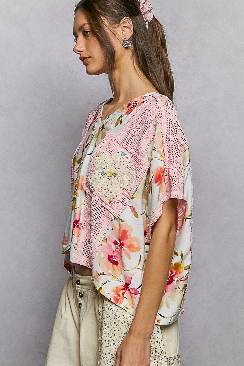 POL Clothing Women’s Floral Printed Crochet Lace Top in Pink Ivory