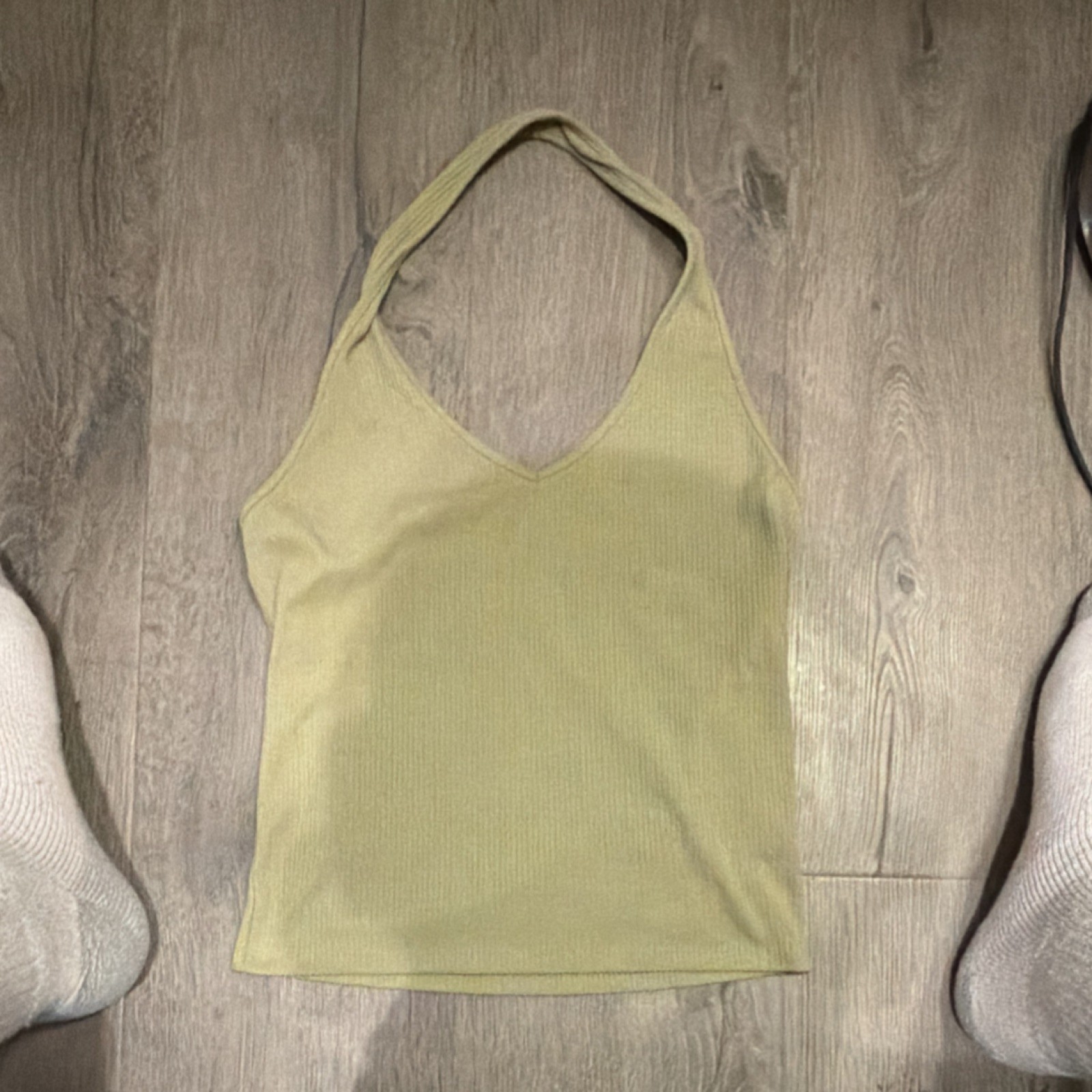 American Eagle Green Solid Knit Halter V-Neck Sleeveless Tank Top Women’s S