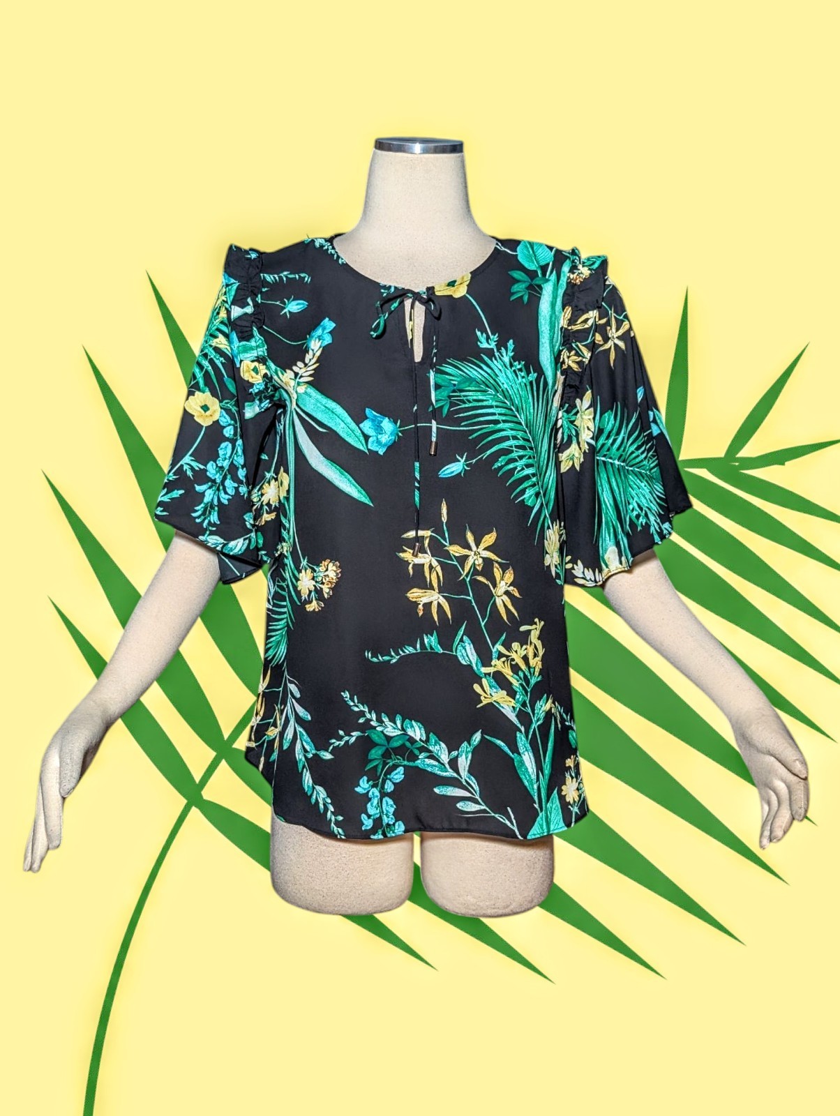 WORTHINGTON Black Green Yellow FLORAL Short Sleeve Top KEYHOLE Neck Womens Small