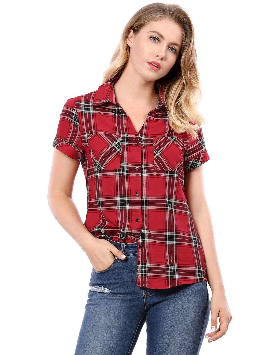 Allegra K Women’s Cotton Classic Button Down Western Plaid Shirt Large Red