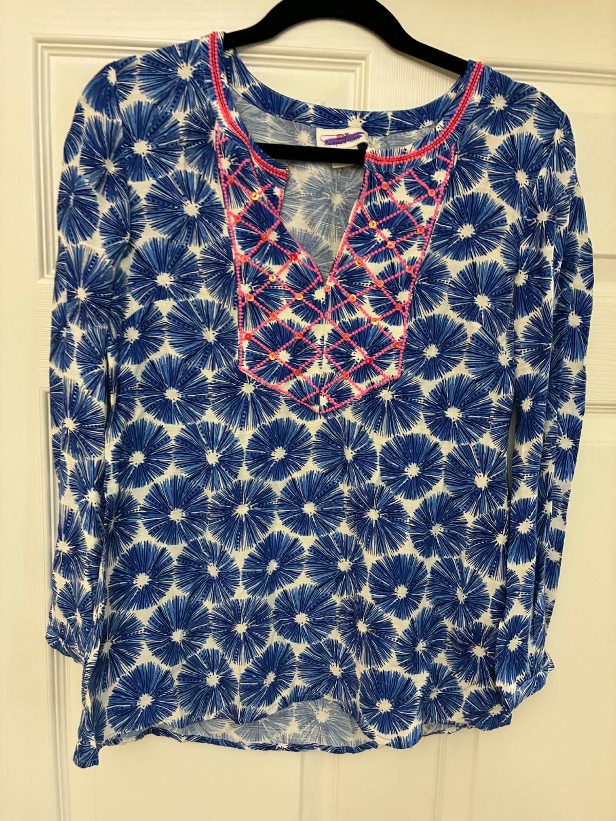 Vineyard Vines XS Blue Starburst Beaded Tunic Blouse 100% Viscose Top