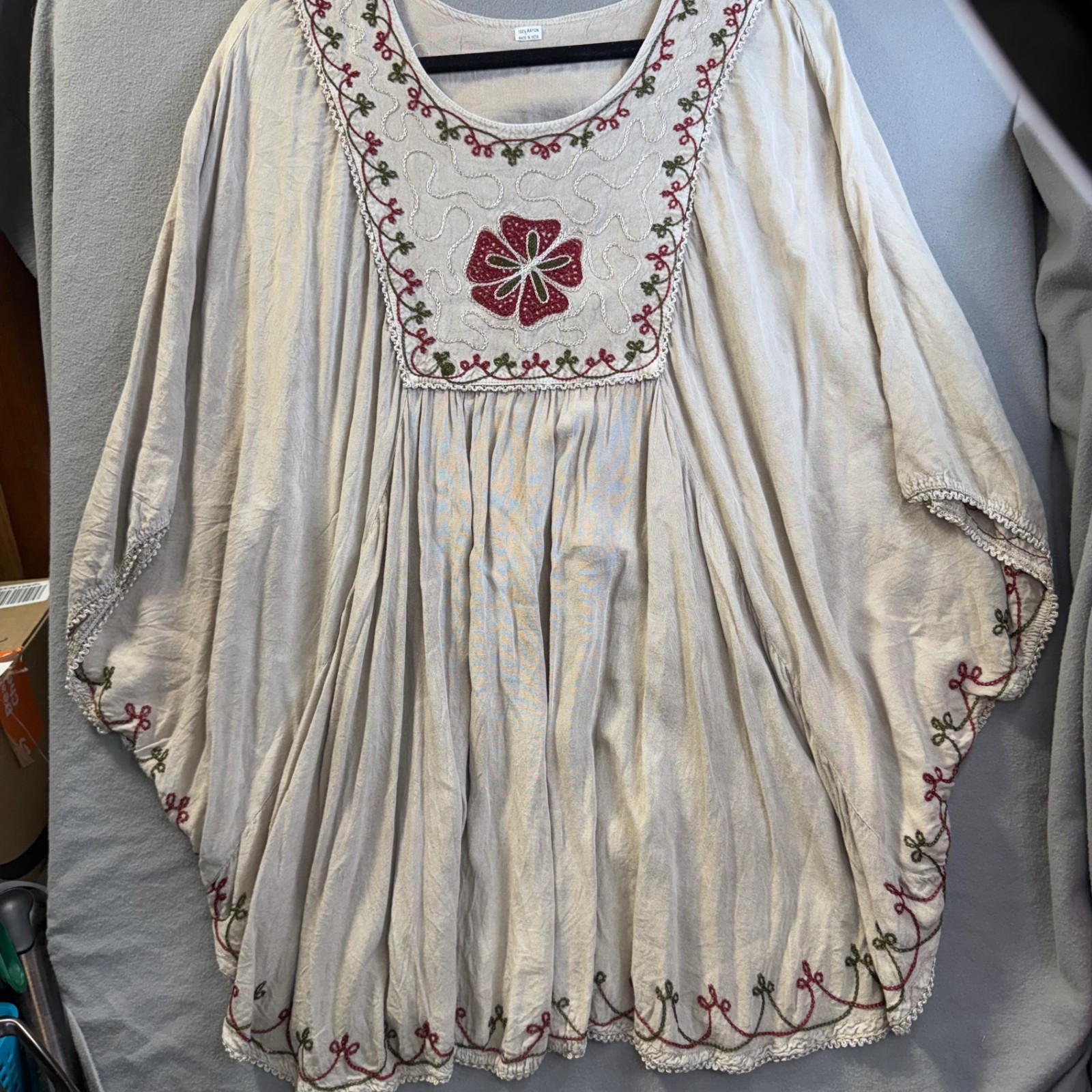 Embroidered Boho Tunic Womens Rayon Peasant Square Yoke Flowing Beige Loose Top