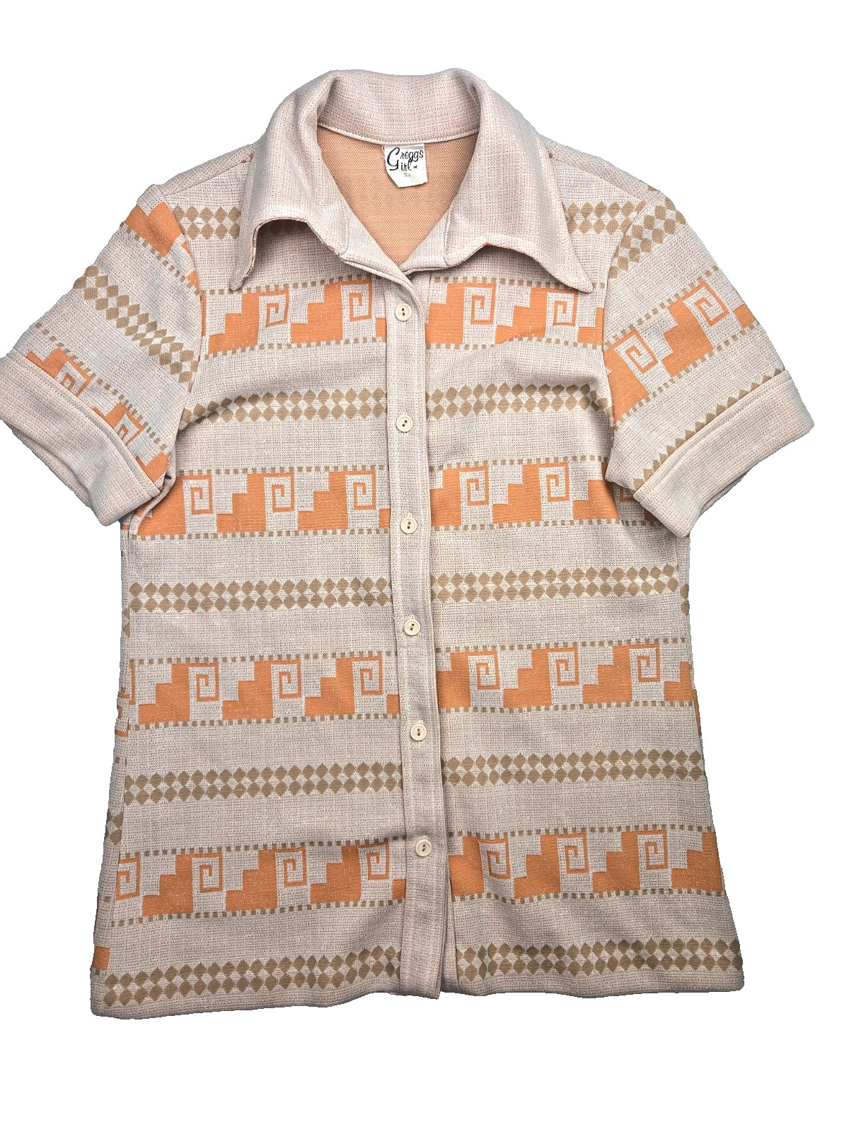 Vtg 70s Double Knit Orange Geometric Dagger Mod Print Top Gregg’s Girl Size S/M