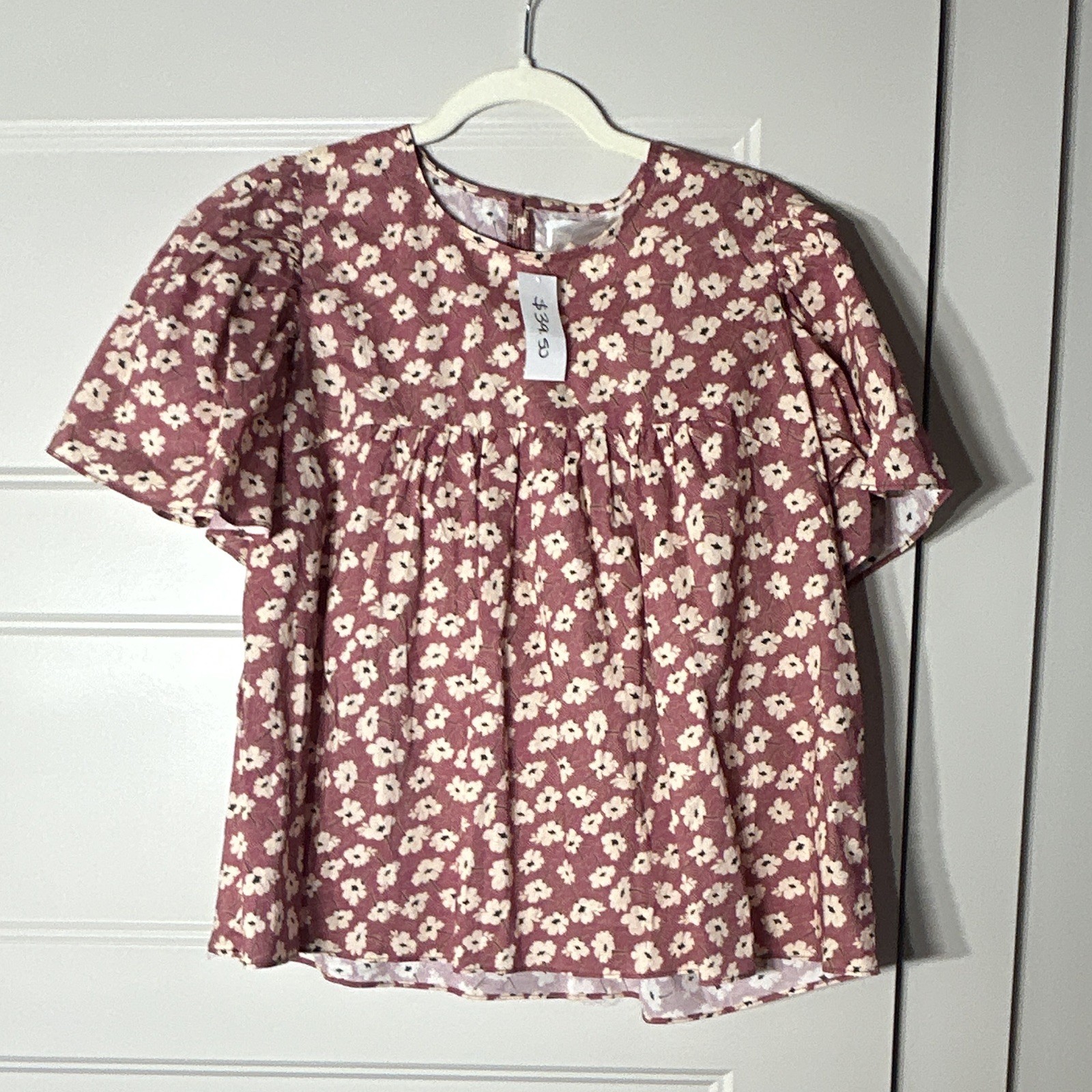 ANNIEWEAR Round Neck Short Sleeve Puff Sleeve Button Back Blouse Floral XL